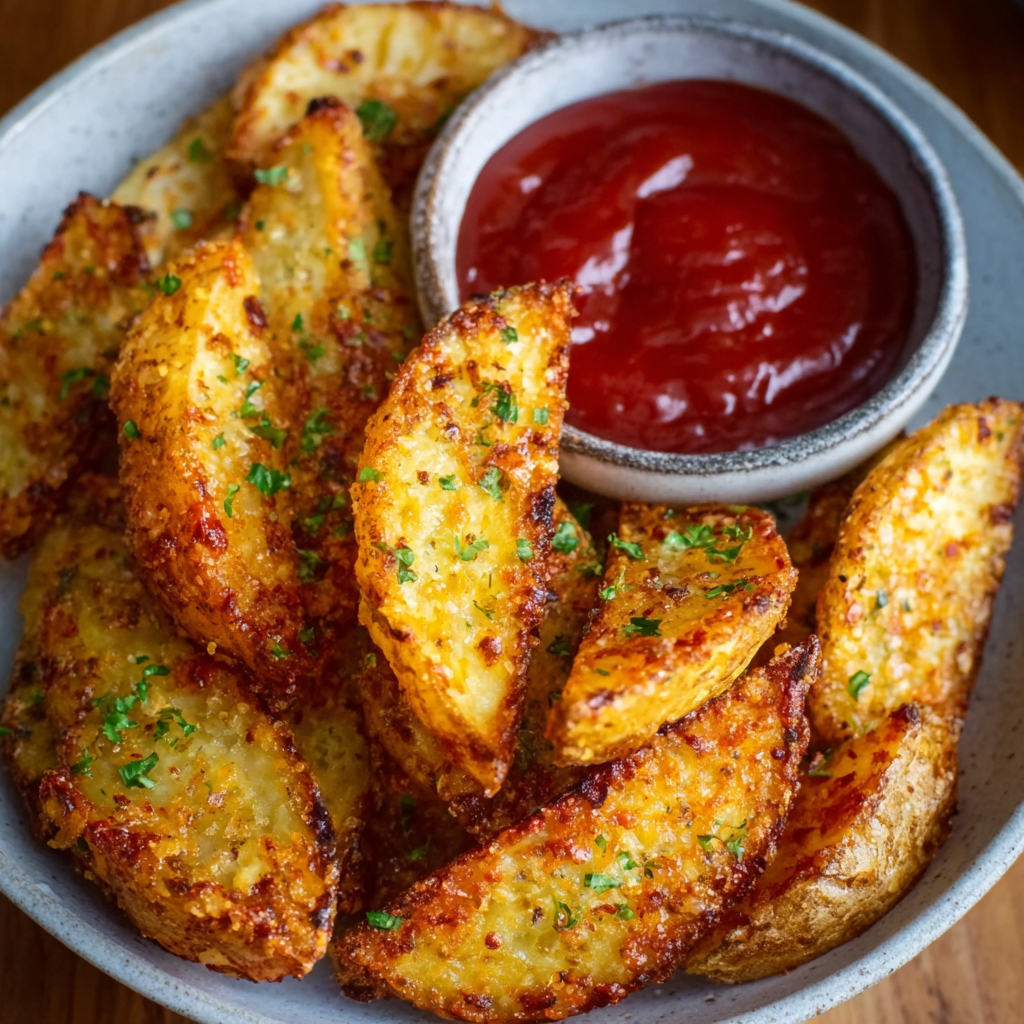 Golden crispy potato wedges on a parchment-lined baking sheet