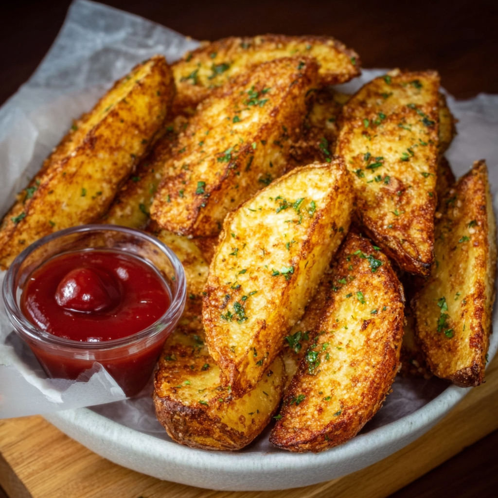 Close-up of seasoned potato wedges with fresh rosemary
