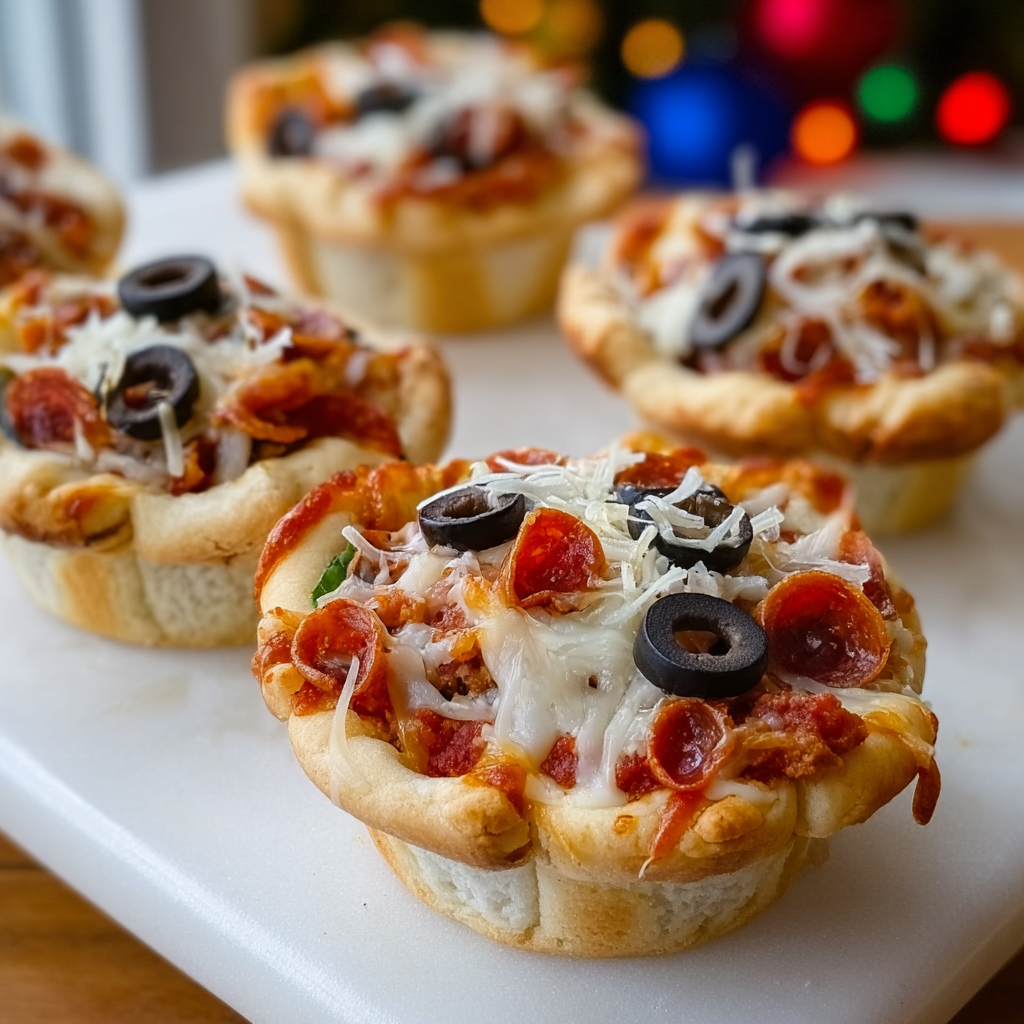Freshly baked pizza cupcakes cooling in a muffin pan
