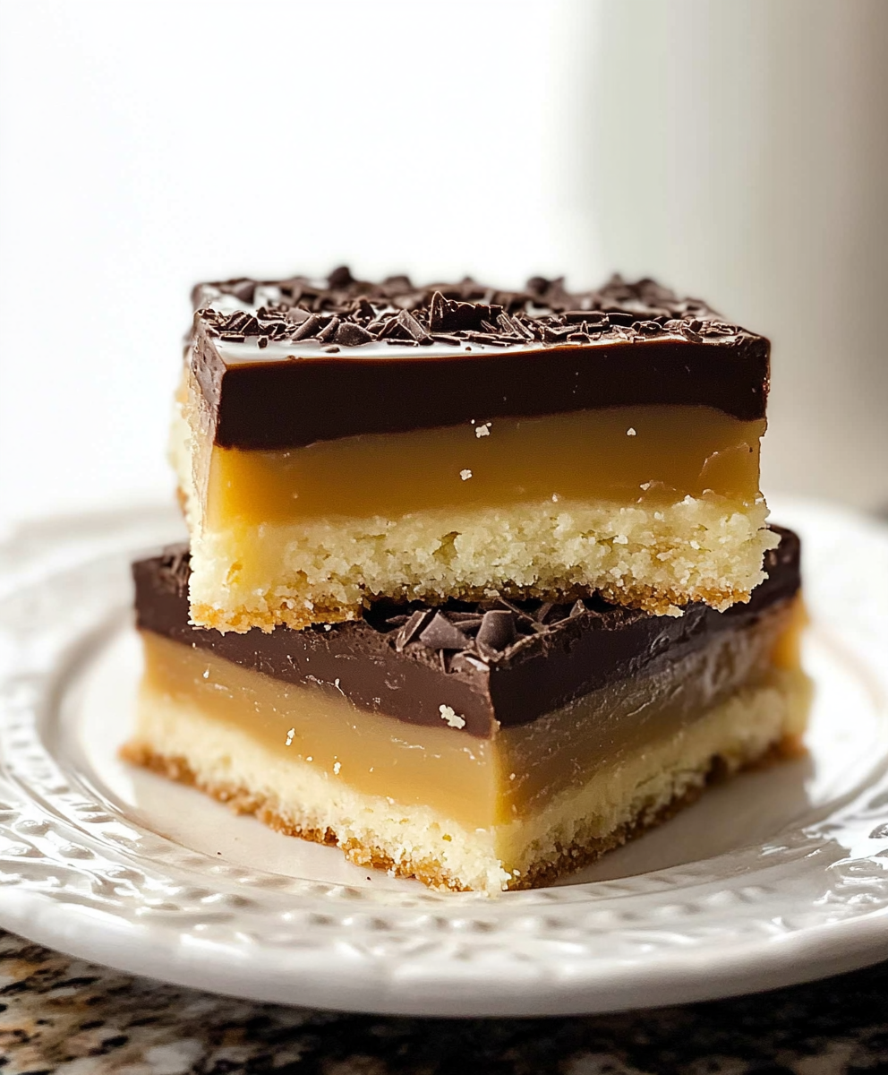 Millionaires shortbread with caramel and chocolate layers