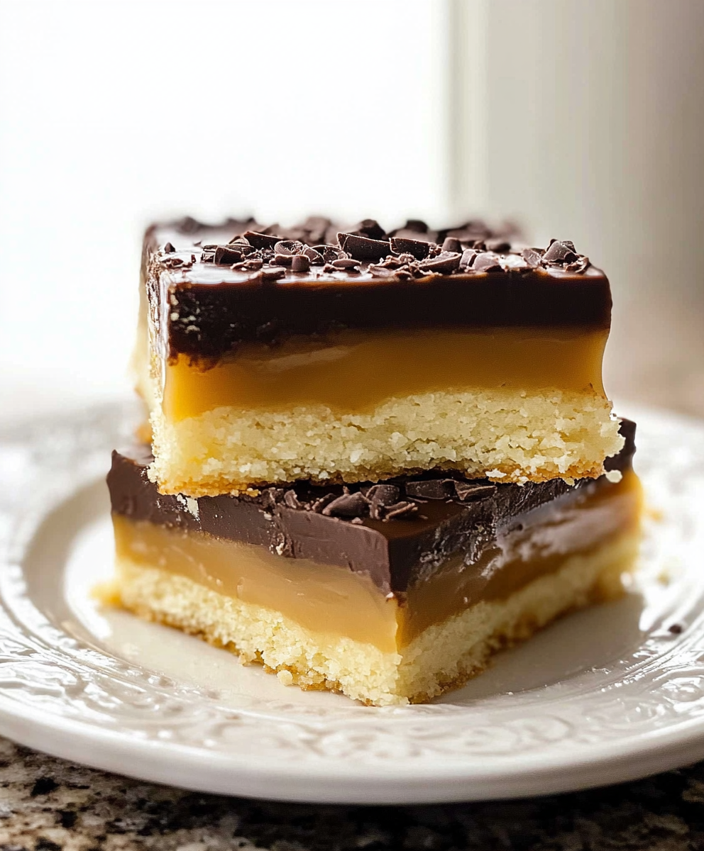 Close up of chocolate topped caramel square