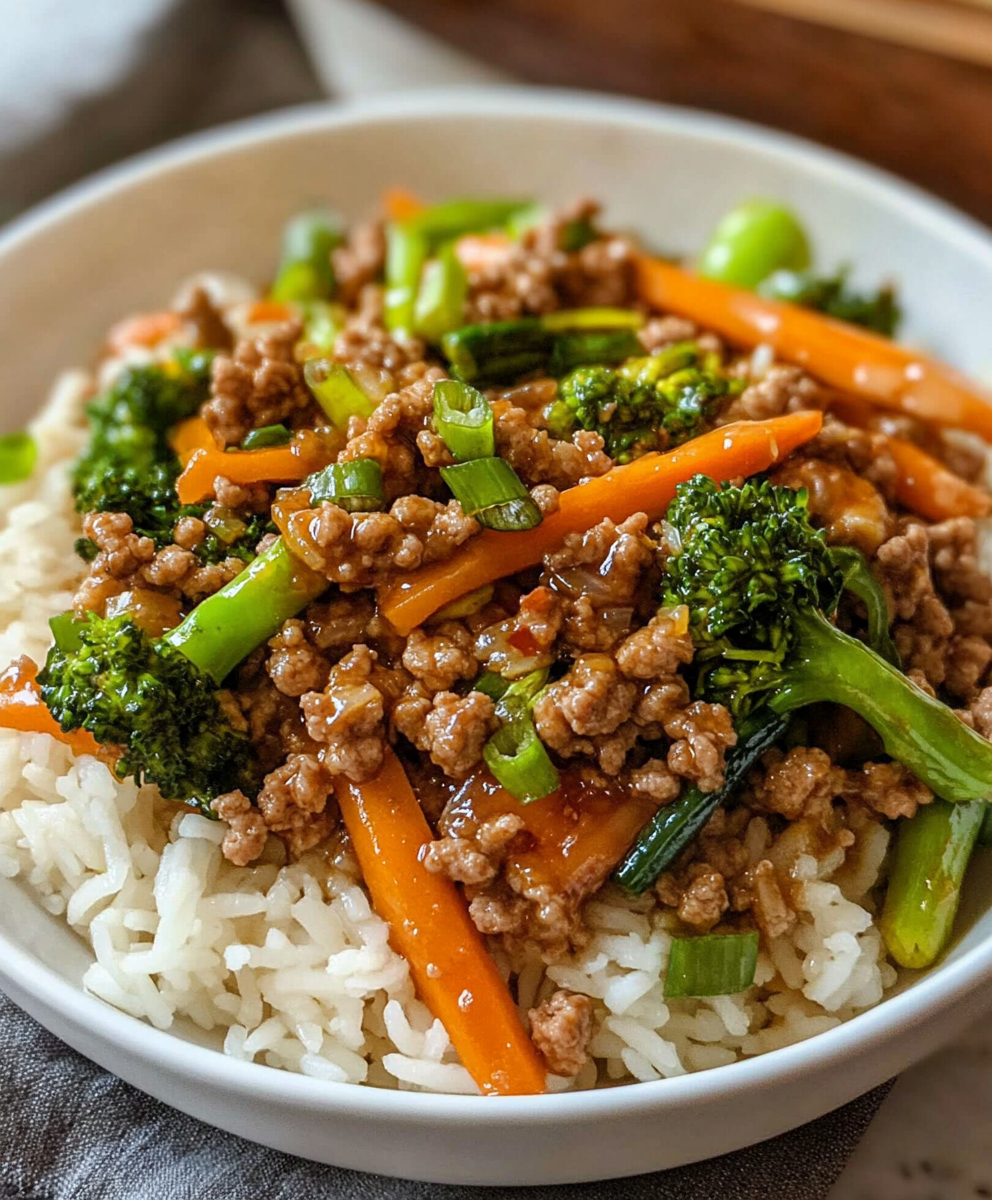 Ground turkey teriyaki stir fry in skillet topped with sesame seeds and green onion