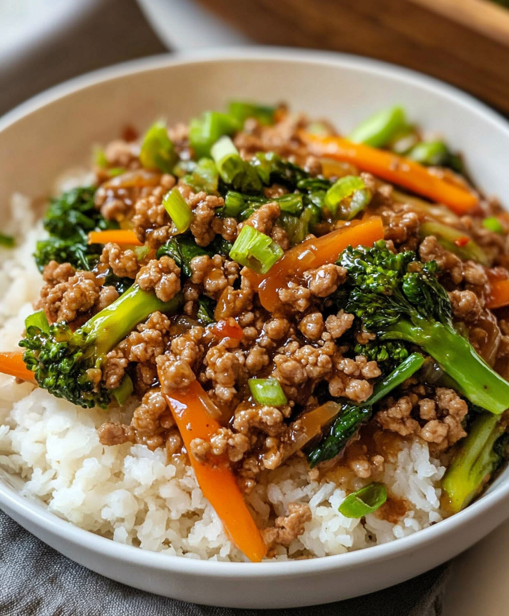 Serving suggestion of turkey teriyaki over rice with sesame seeds