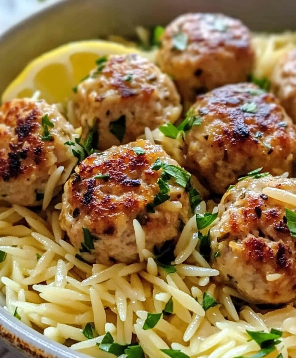 Greek chicken meatballs and lemon orzo plated with parsley and feta