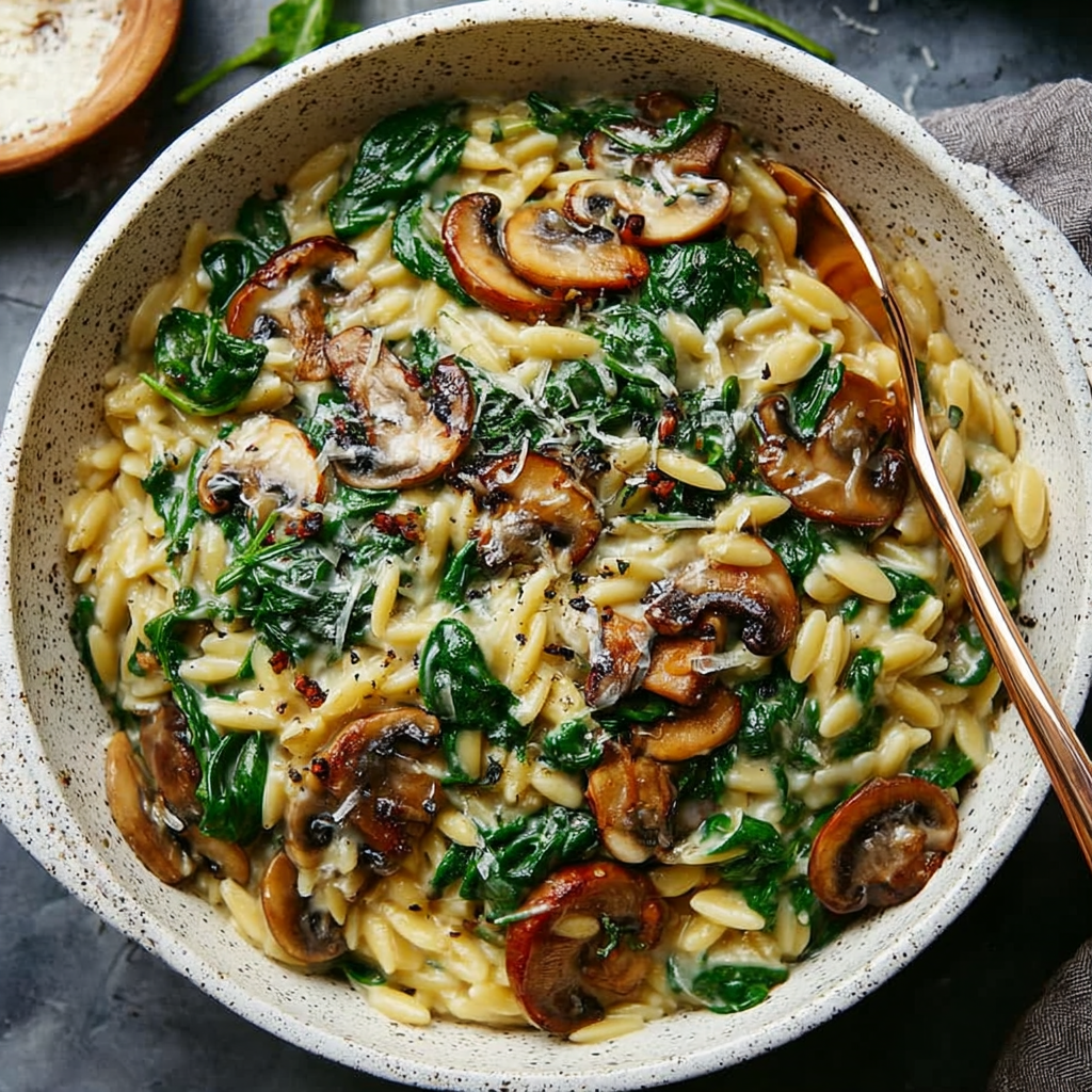 Creamy spinach and mushroom orzo in a skillet