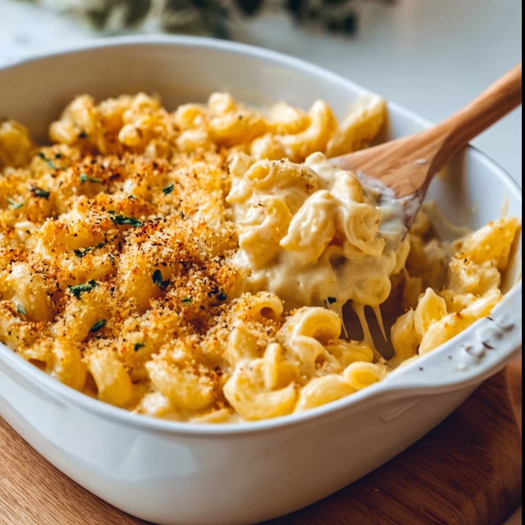 Creamy vegan mac and cheese in a serving bowl
