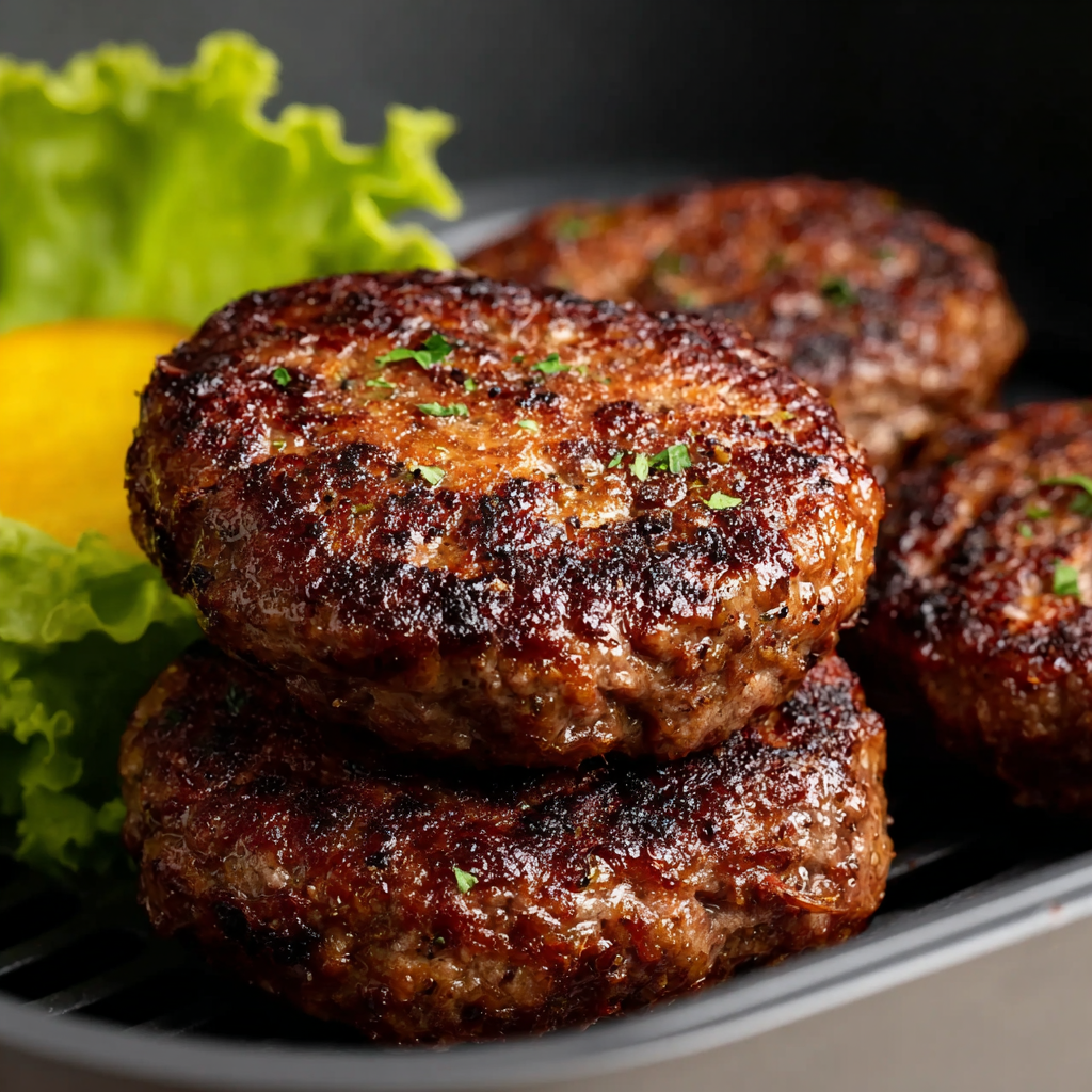 Air fryer basket with hamburger patties cooking