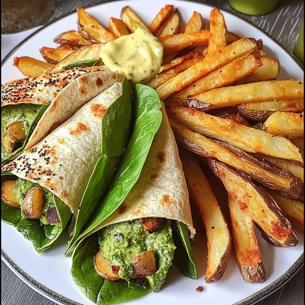 Spinach Wraps with Crispy Oven Baked Fries