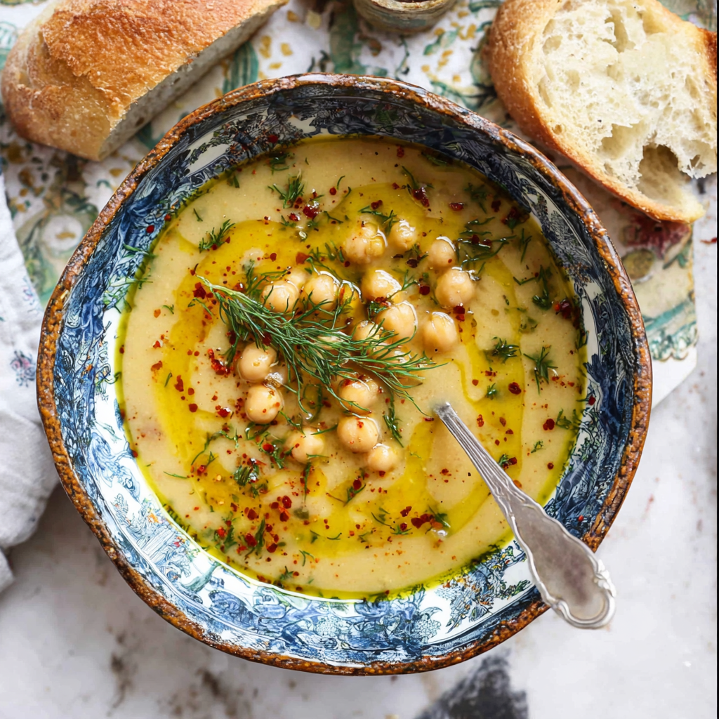 Roasted garlic chickpea soup in bowl with roasted chickpeas