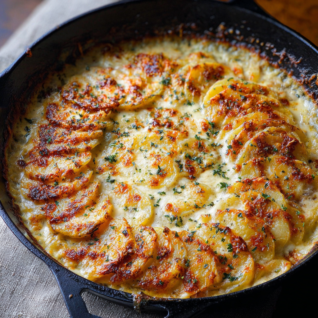 Creamy au gratin potatoes in a white baking dish
