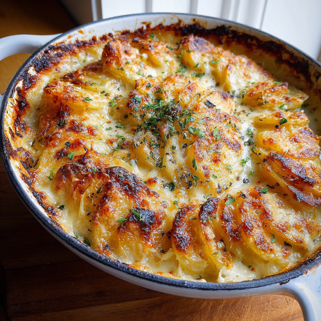 Top view of a cheesy potato casserole