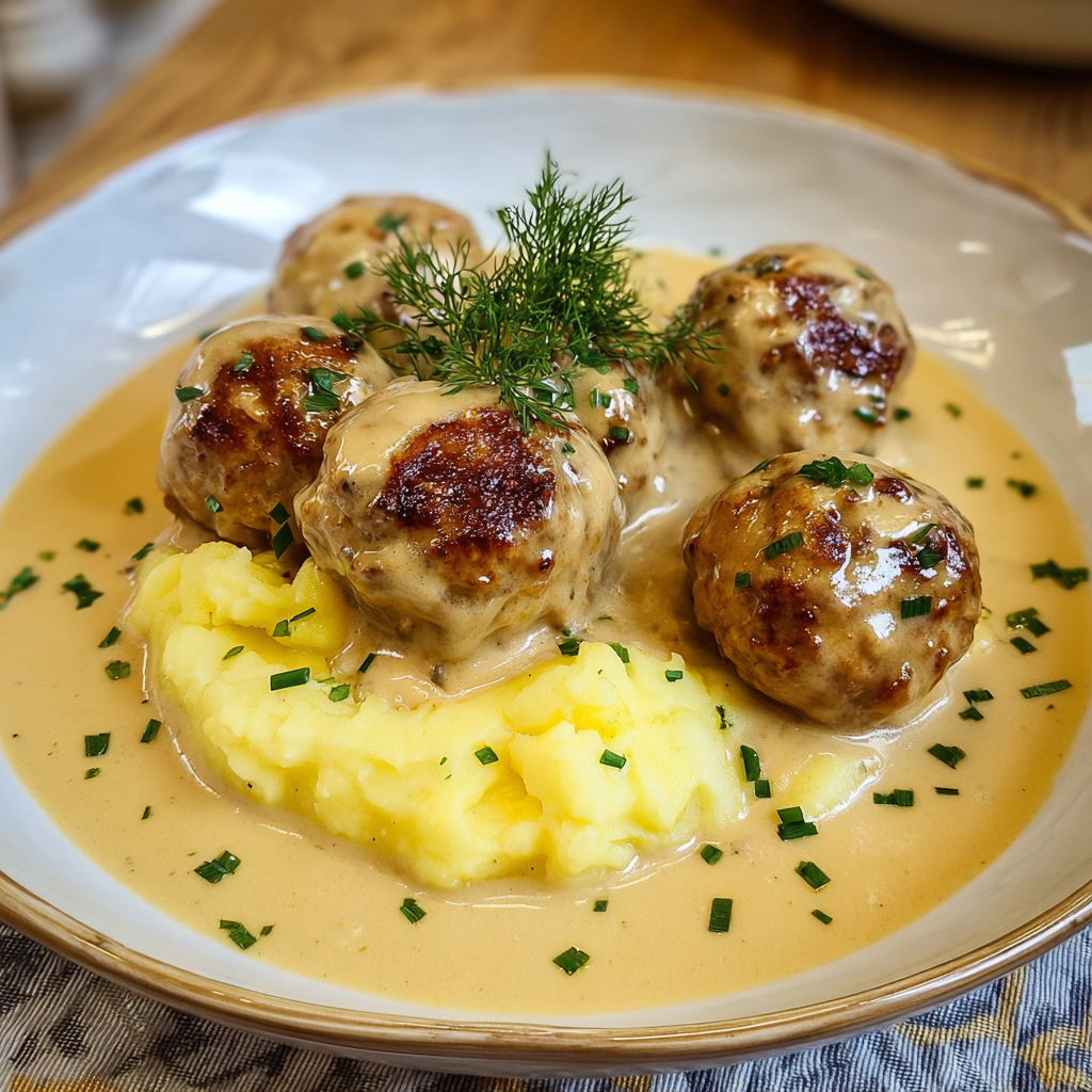 Swedish meatballs in creamy sauce on mashed potato
