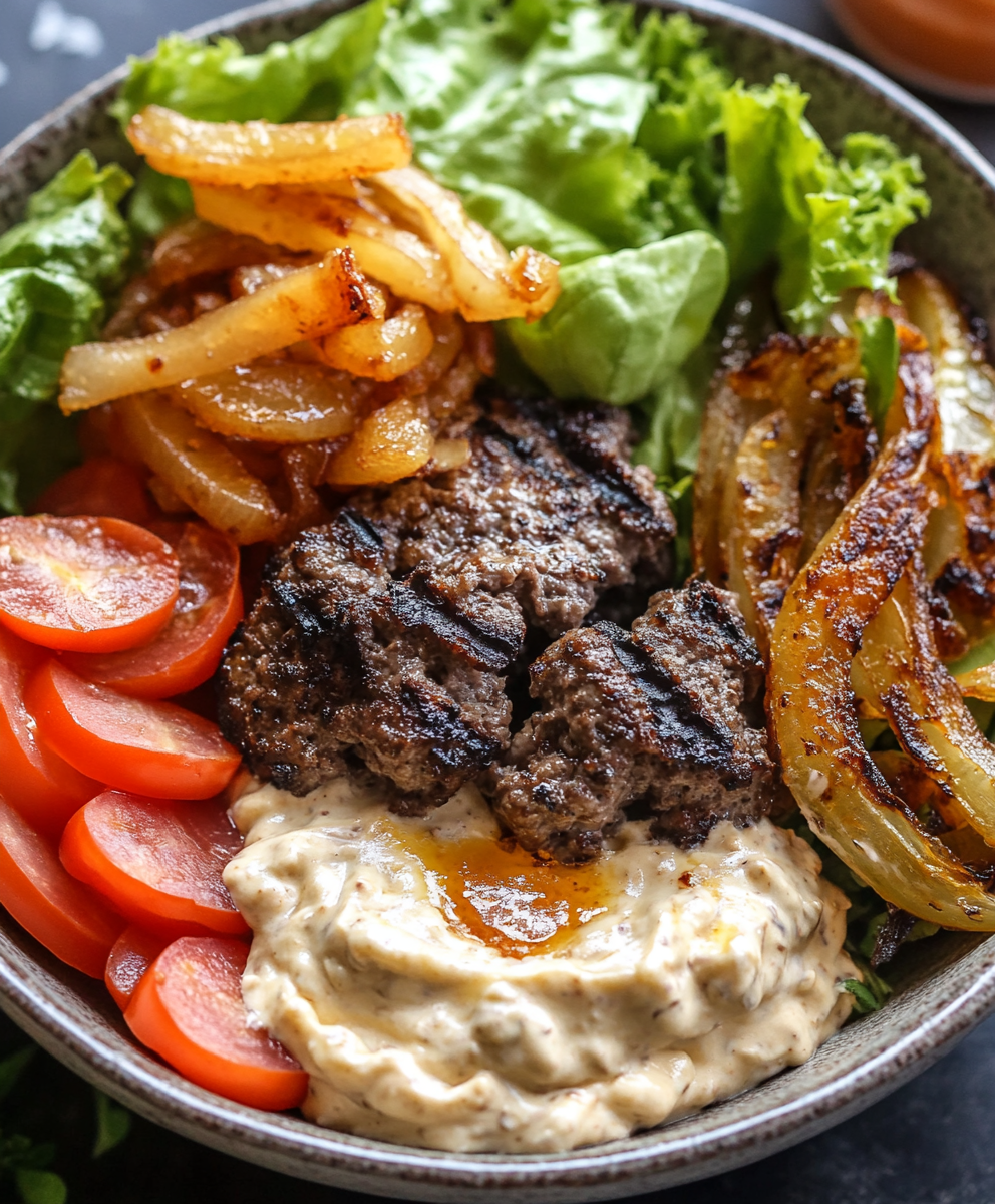 Burger Bowls with Caramelized Onion Aioli