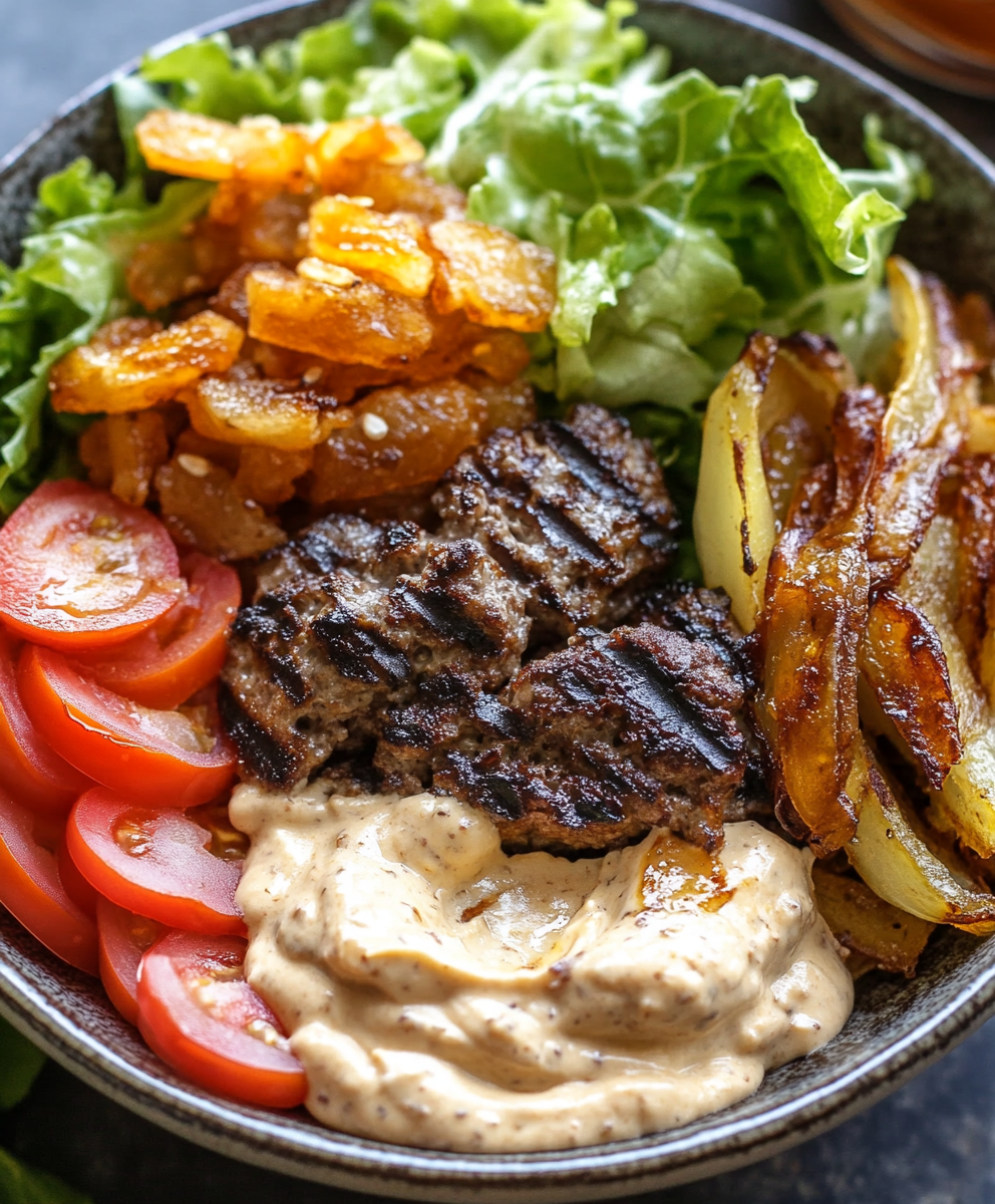 Assembled burger bowl with fries and aioli