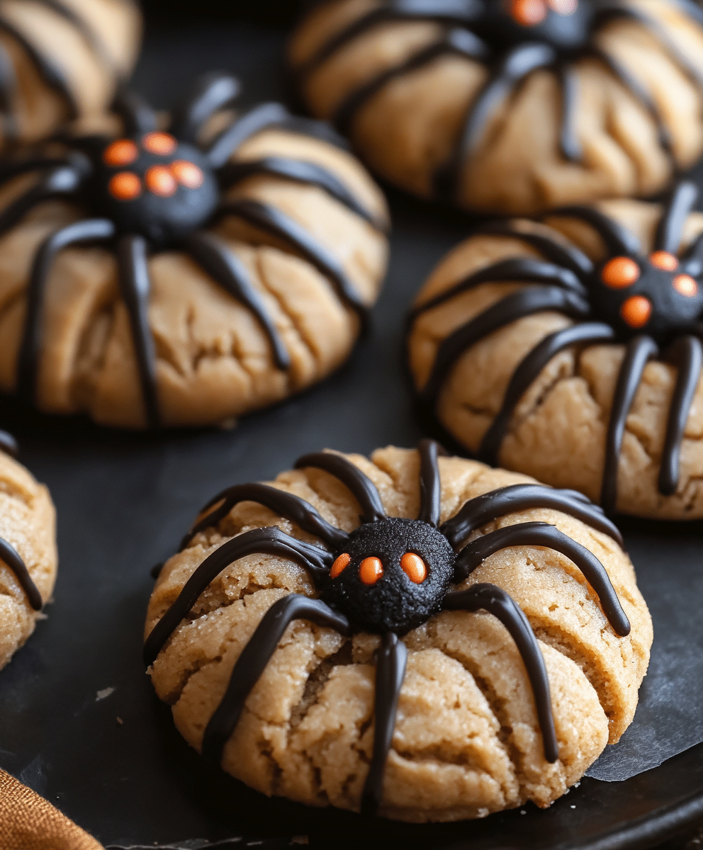 Tray of peanut butter spider cookies with chocolate centers and candy eyes