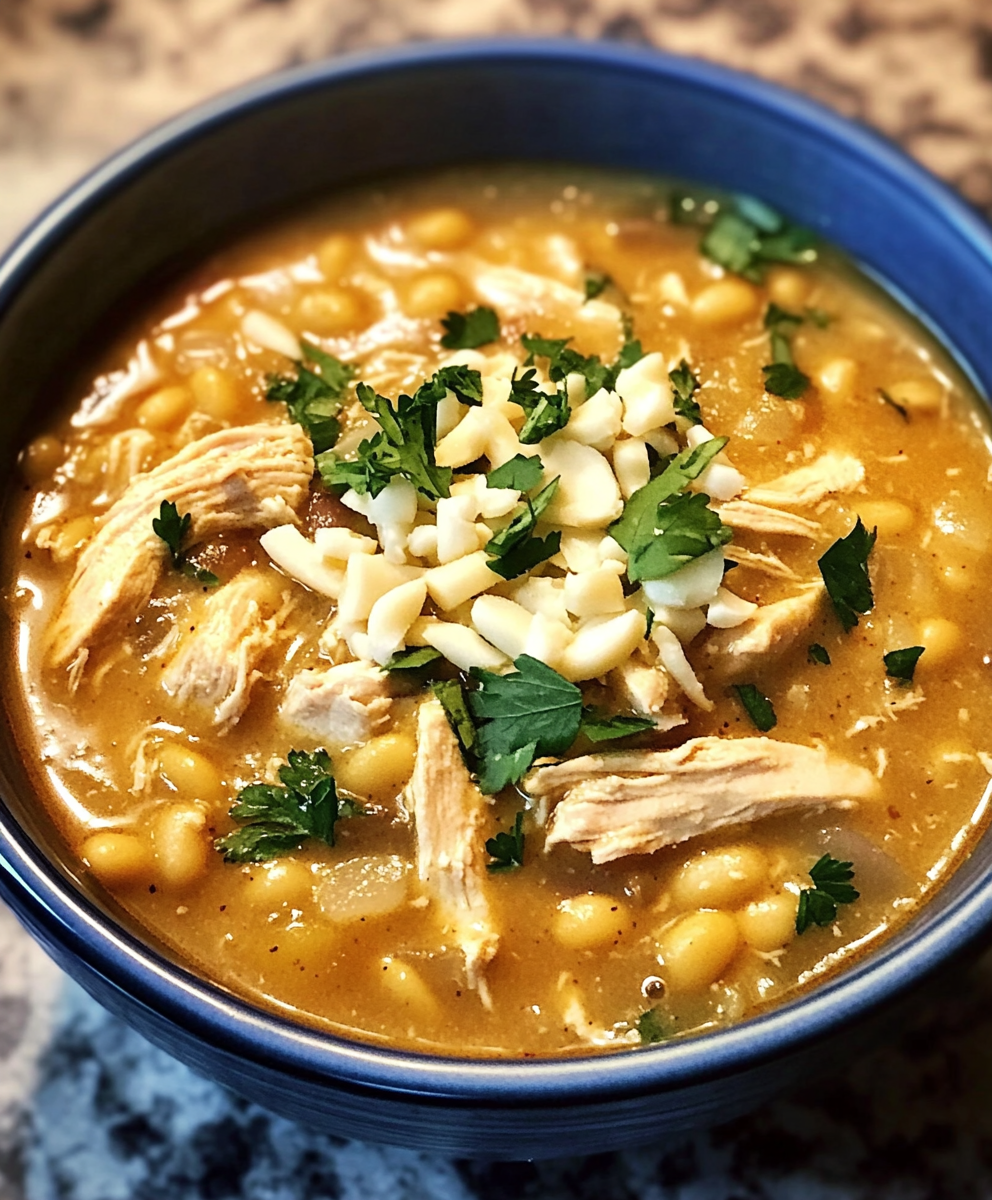 Close-up of creamy white chicken chili being ladled