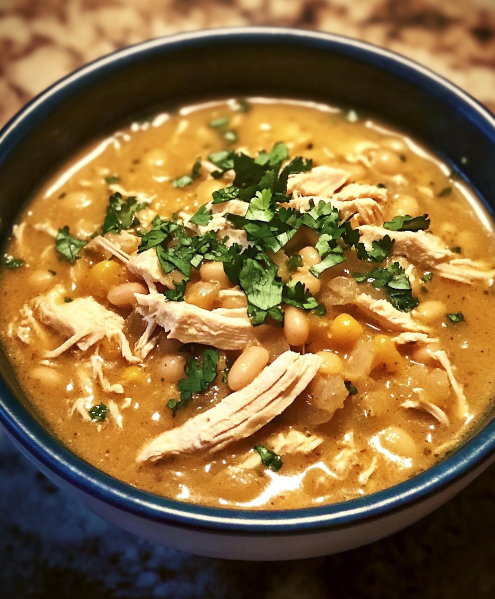 Bowl of white chicken chili with toppings