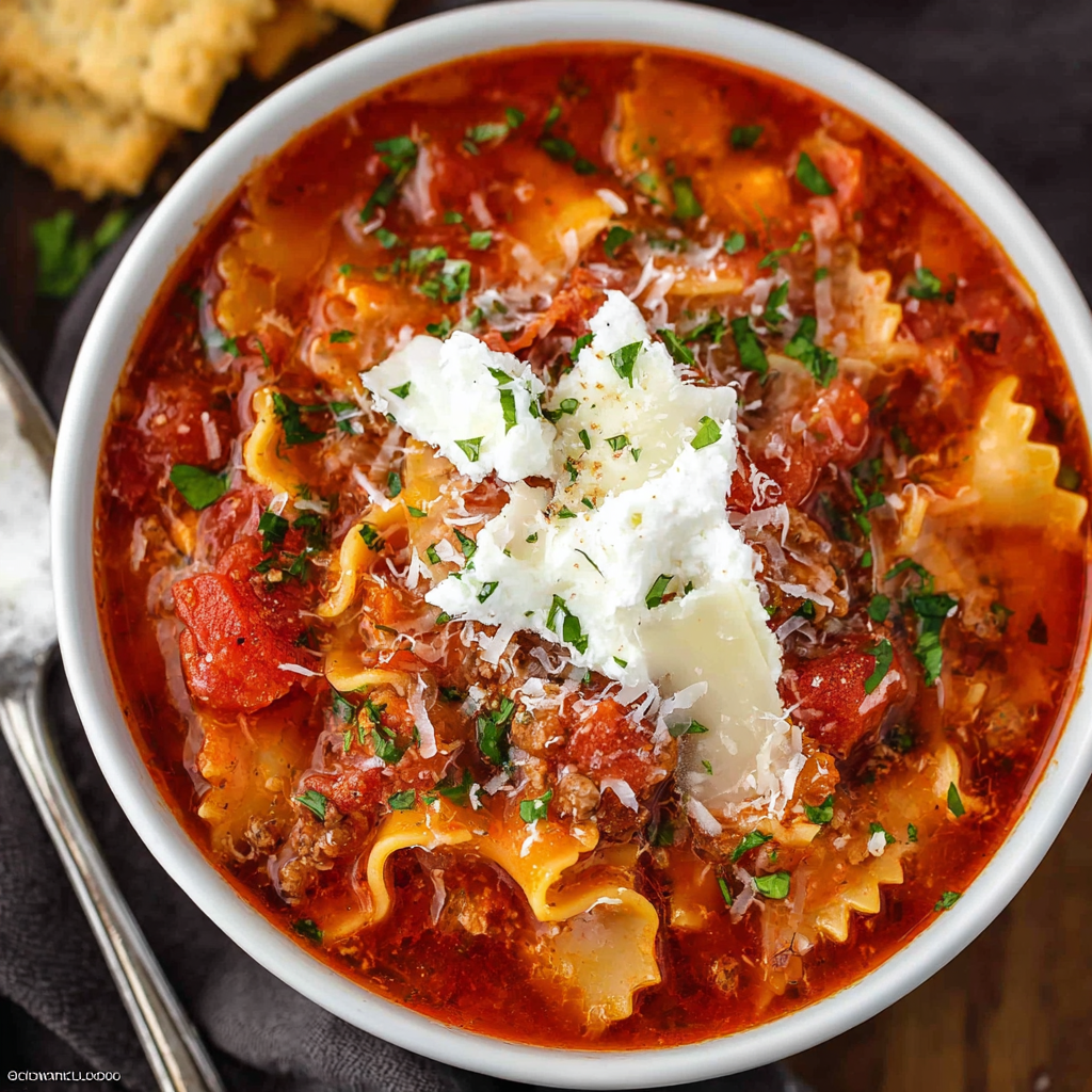 Bowl of instant pot lasagna soup with ricotta topping