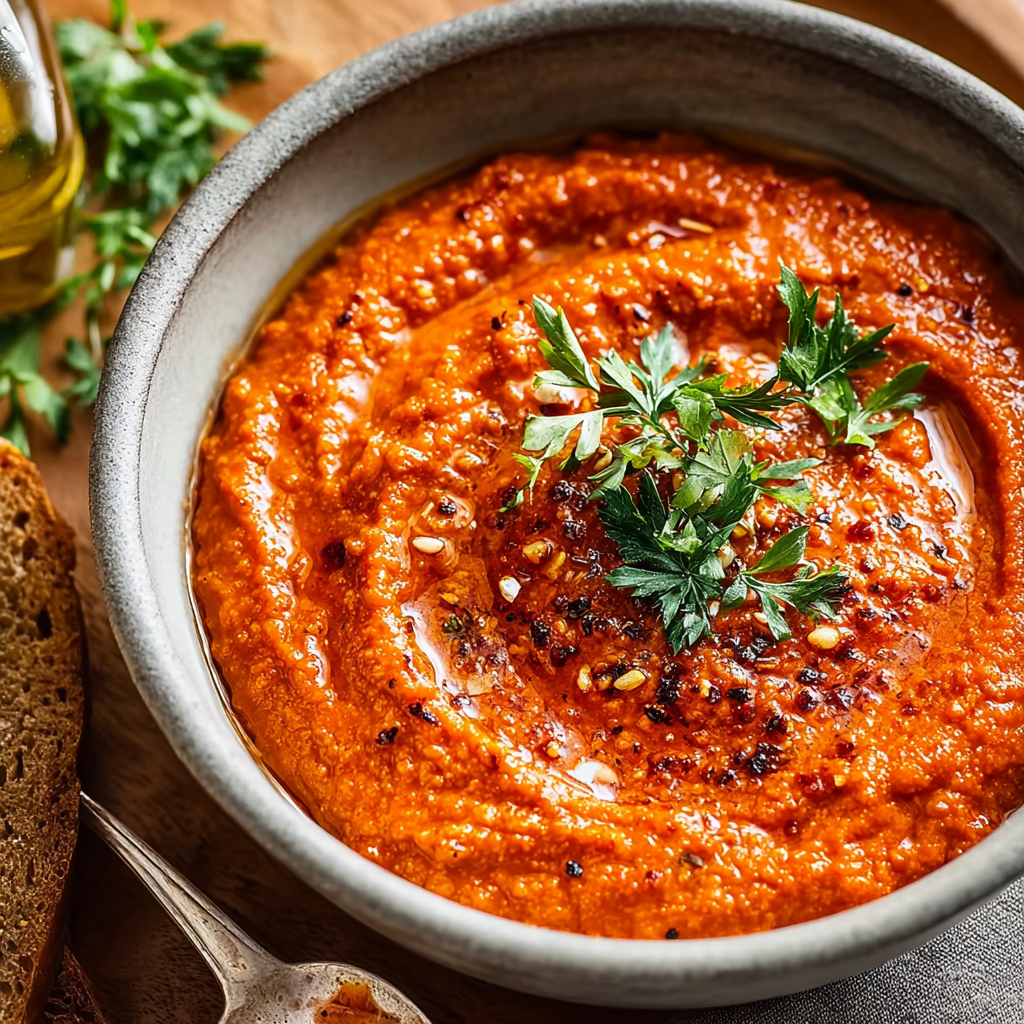 Jar of romesco sauce with peppers