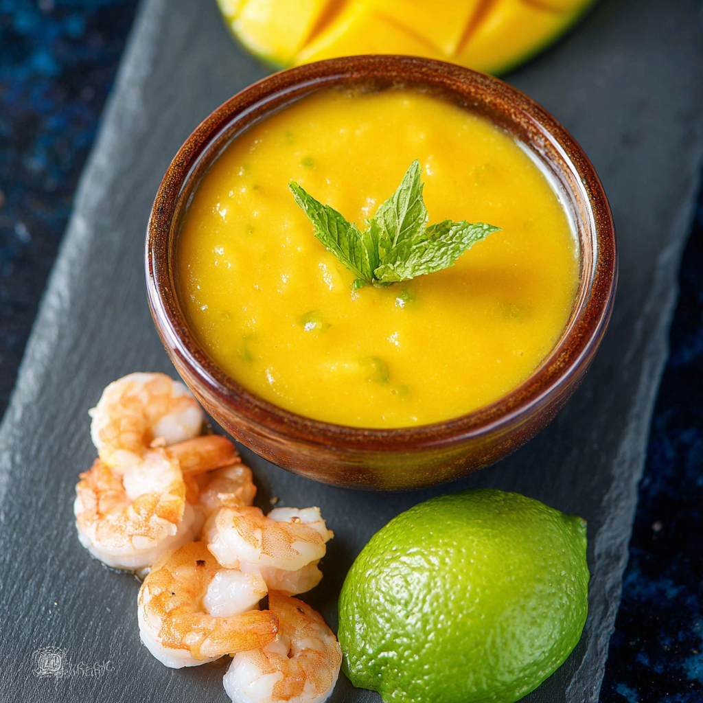 Bright mango purée and lime on a board