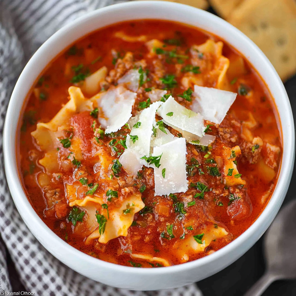 Ladle of lasagna soup showing pasta, beef, and tomato broth