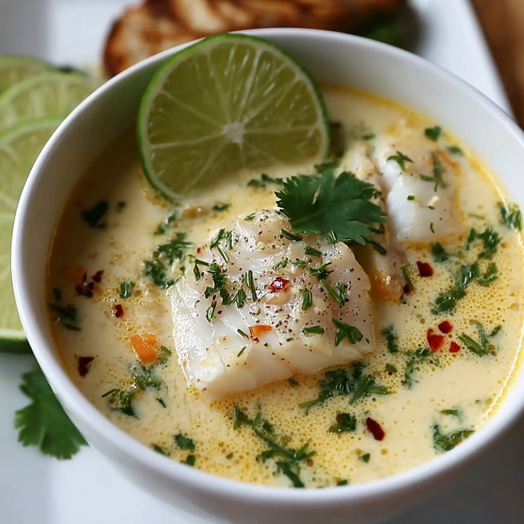 Bowl of coconut lime fish soup with herbs