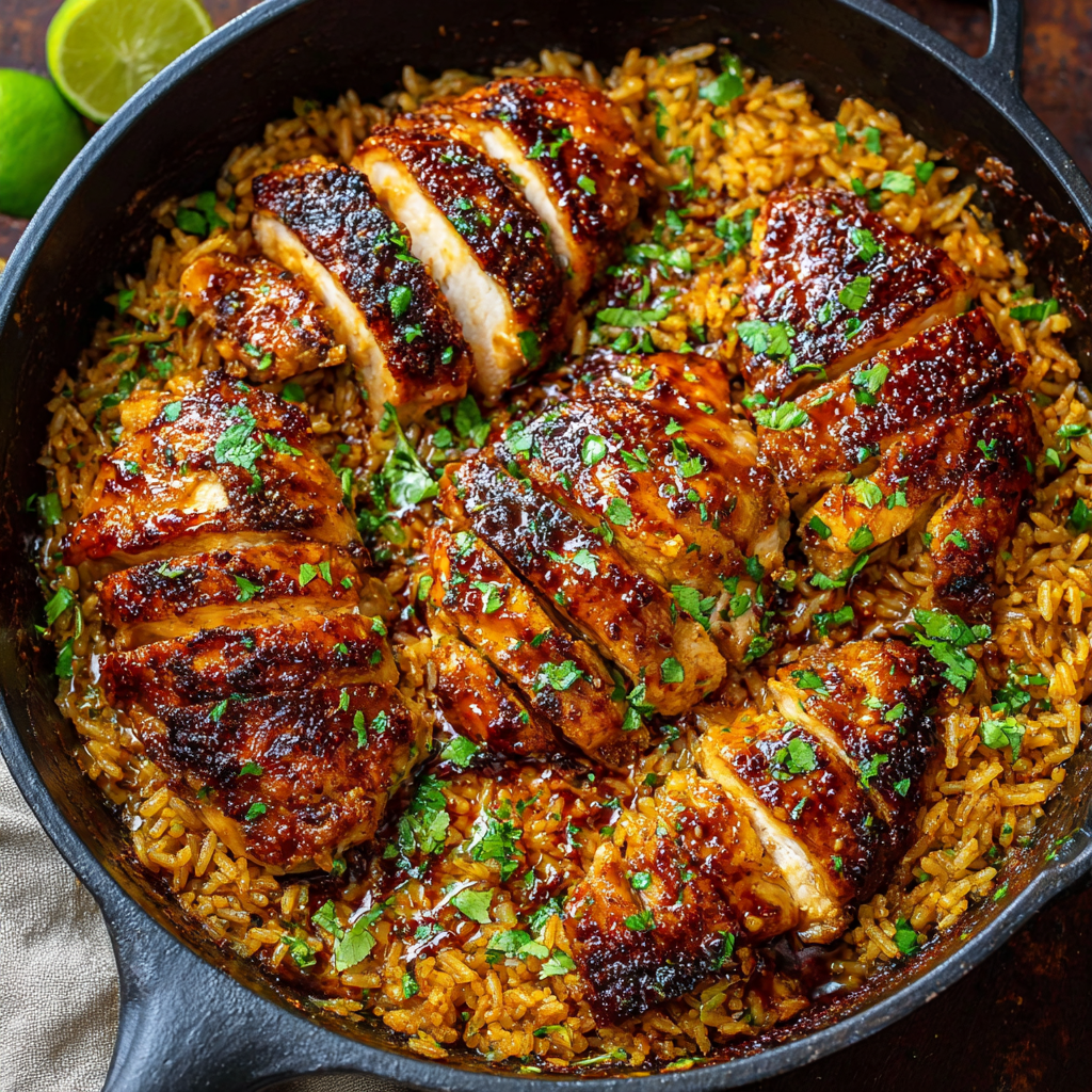 Plated BBQ chicken rice with garnish