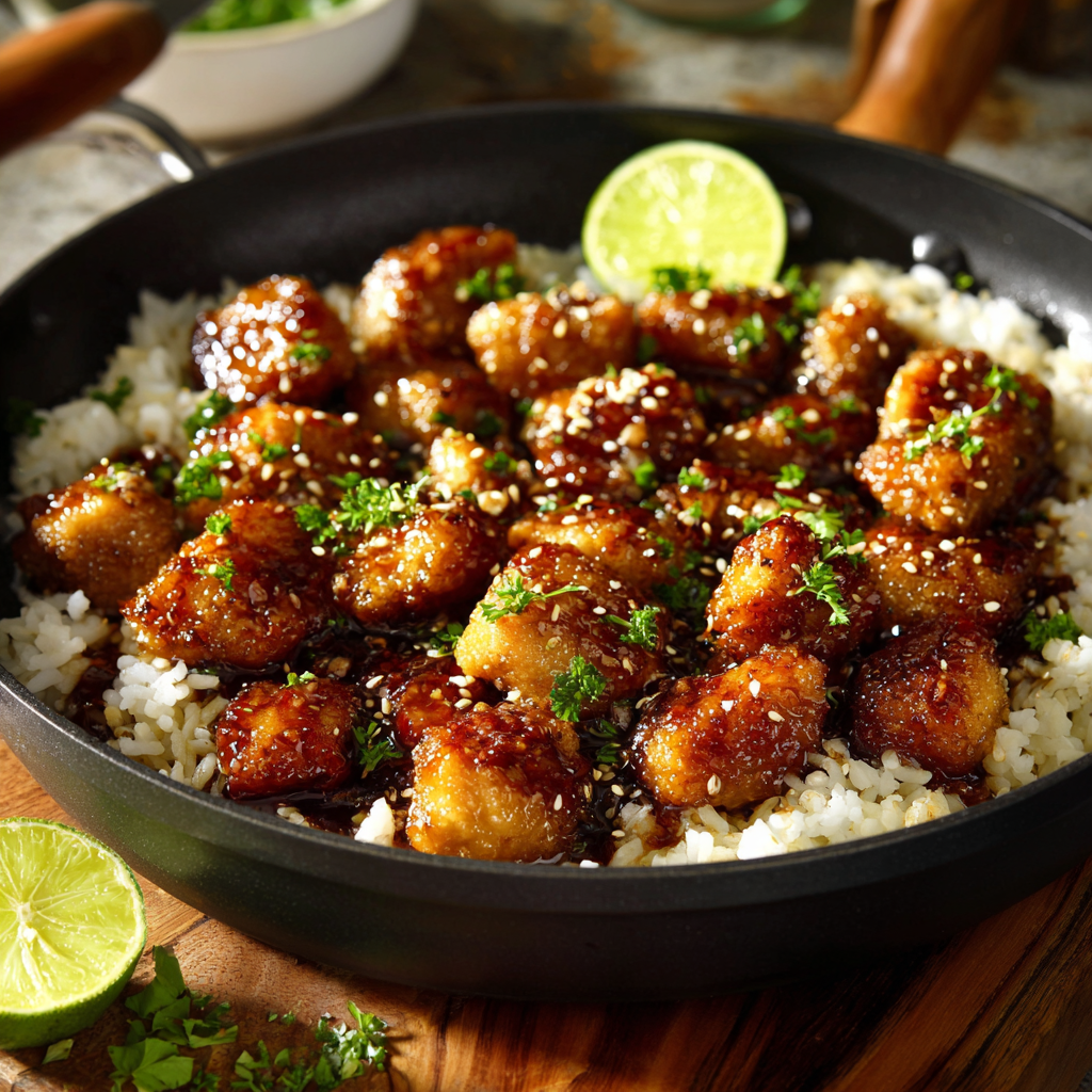 Honey garlic chicken in skillet glazed and ready to serve