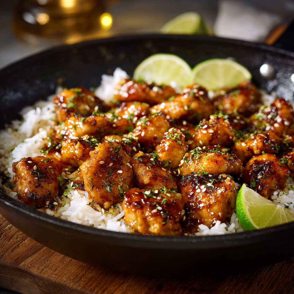 Served honey garlic chicken with rice and parsley