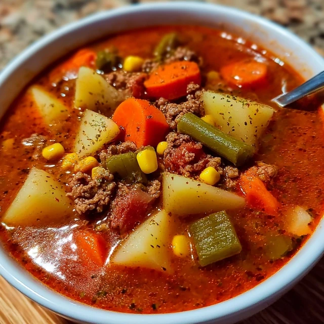 Pot of vegetable beef soup simmering with potatoes and mixed vegetables