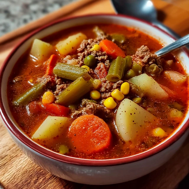 Bowl of vegetable beef soup garnished with parsley, served with bread
