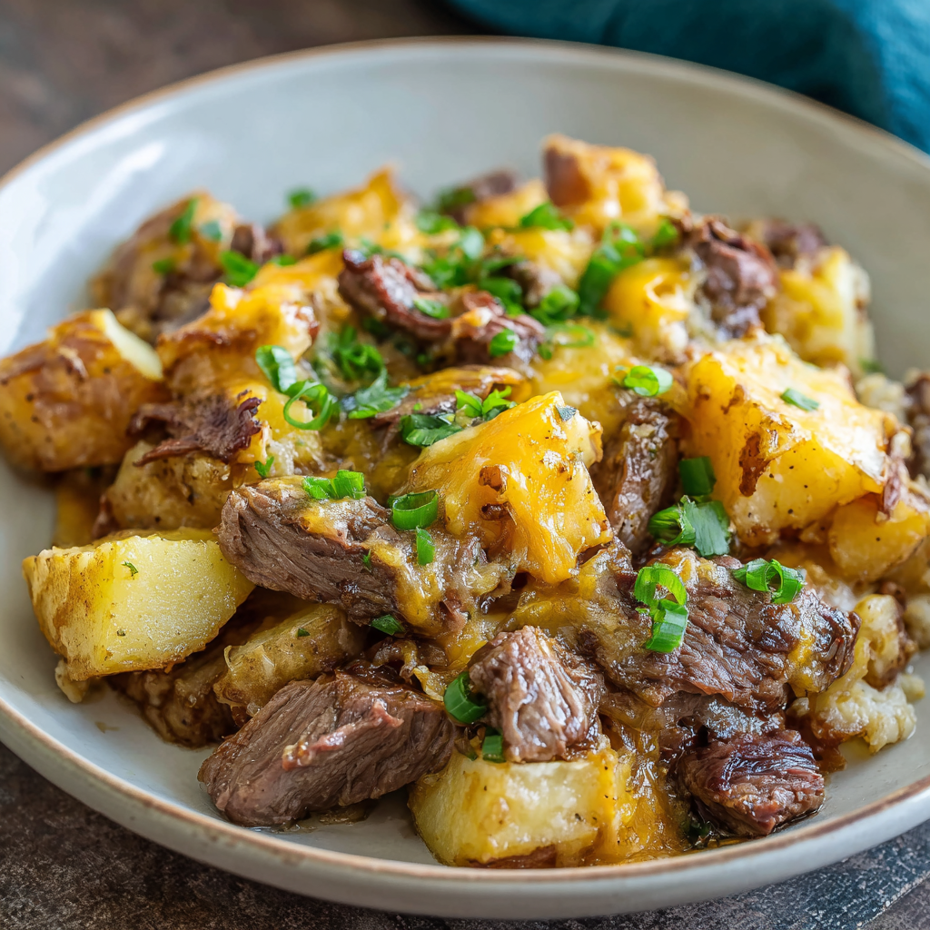 Slow cooker filled with steak and potatoes