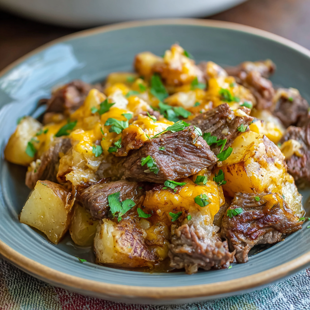 Close-up of butter melting over steak and potatoes