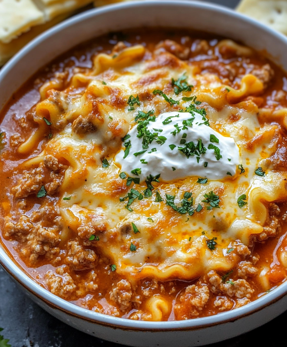Bowl of lasagna soup with melted cheese and basil