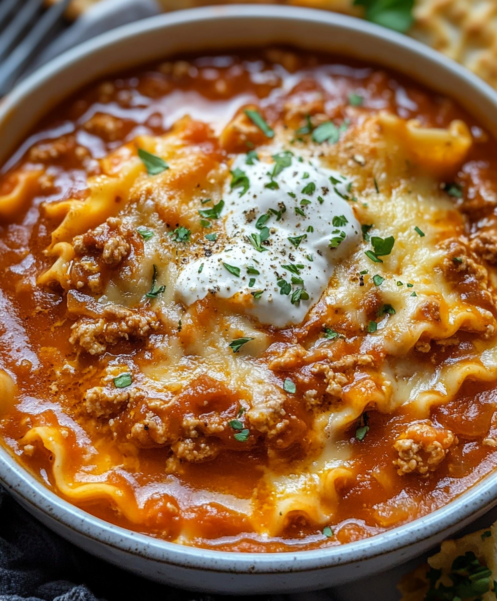 Pot of lasagna soup simmering with ingredients