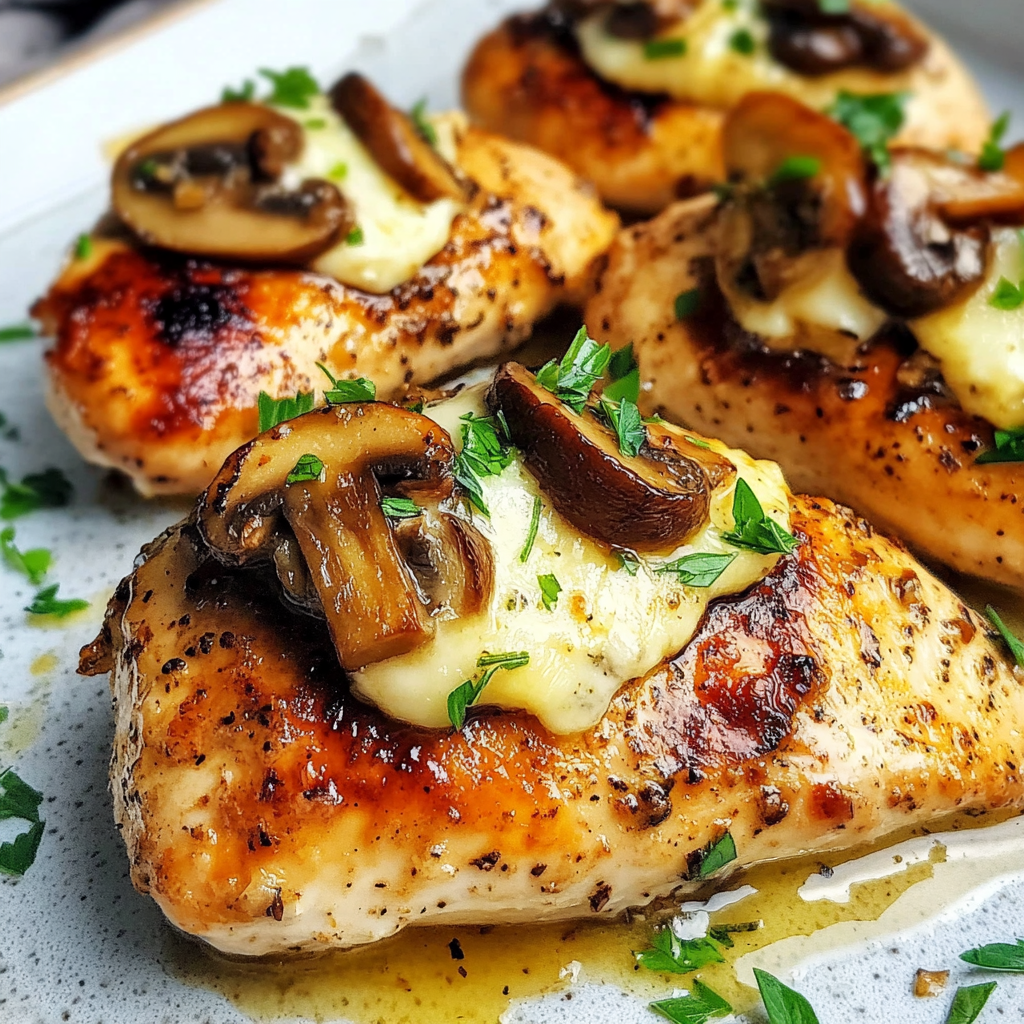 Cheesy garlic butter mushroom stuffed chicken baking dish