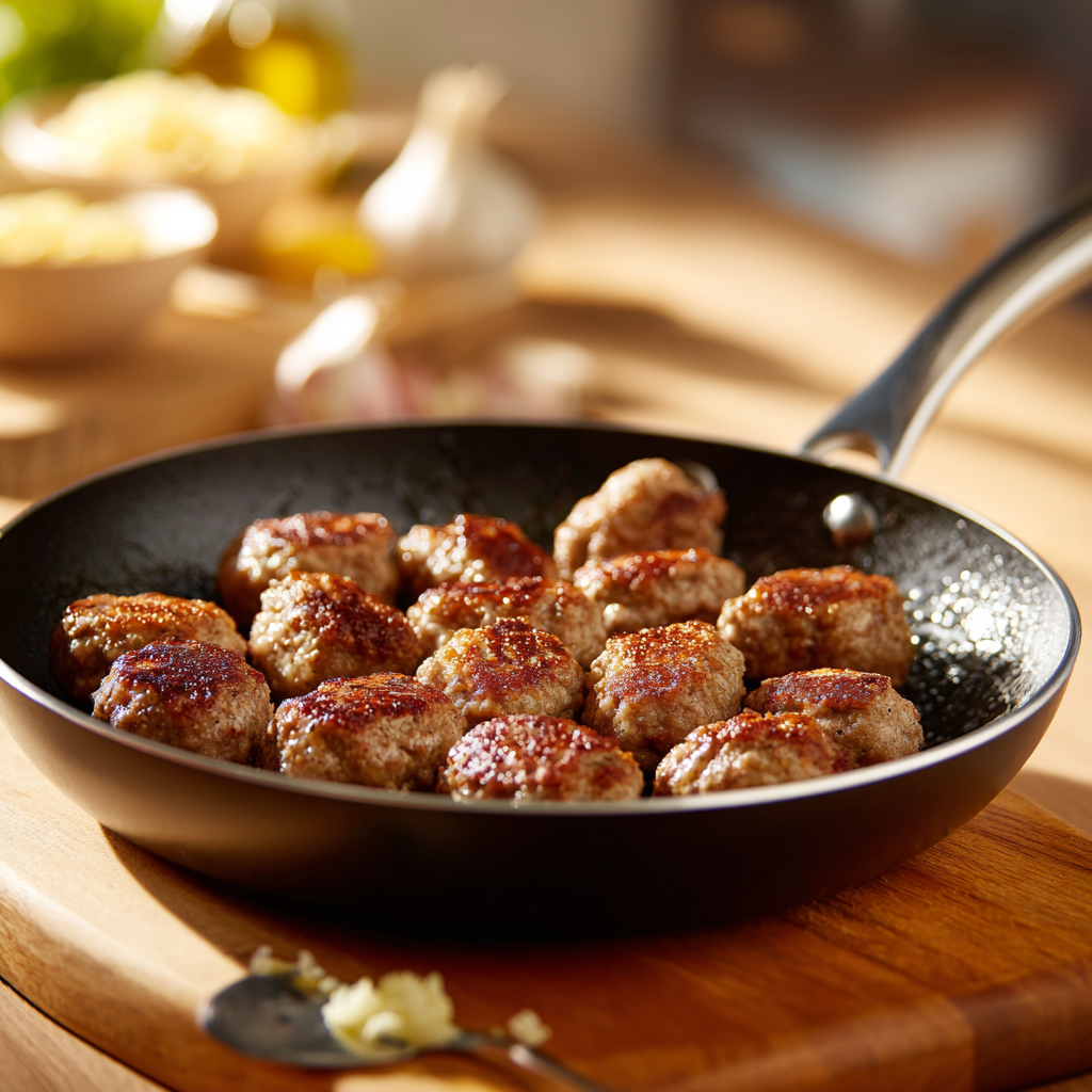 Creamy sausage pasta in skillet