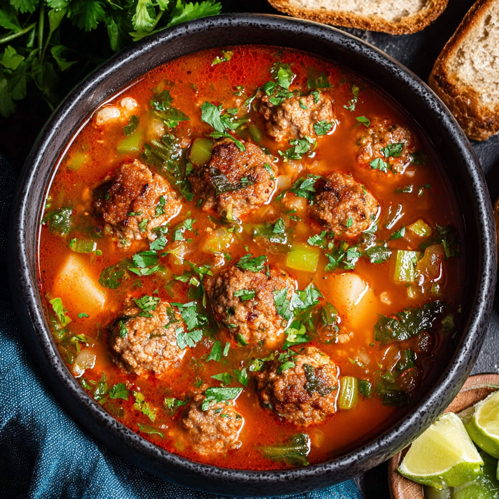 Bowl of albondigas with cilantro garnish