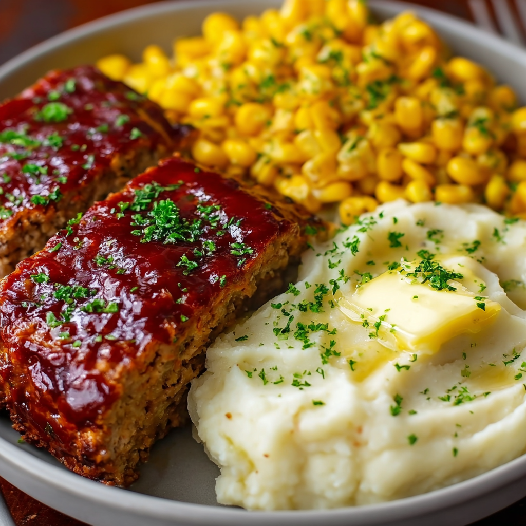 Meatloaf and mashed potatoes plated