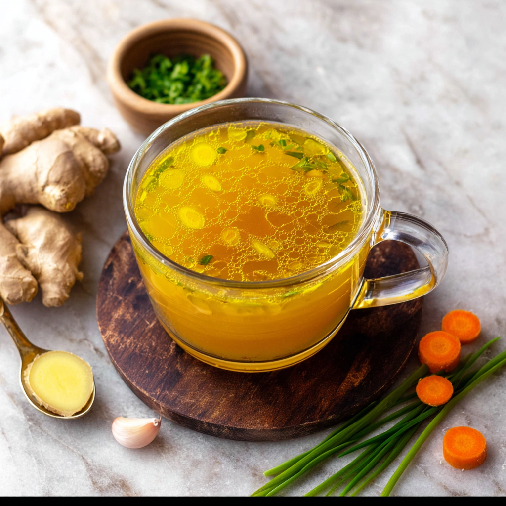 A steaming cup of immune-boosting broth with sliced scallion