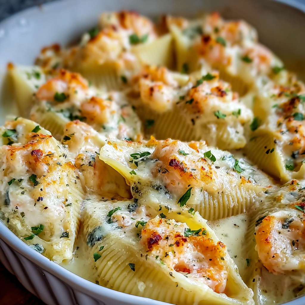Baked creamy seafood-stuffed shells in a casserole dish