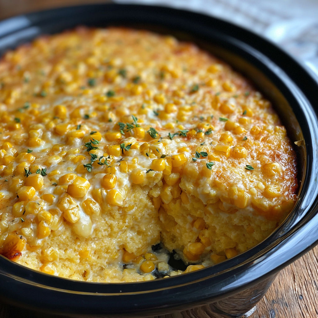 Slow cooker cream cheese corn bubbling and ready to serve