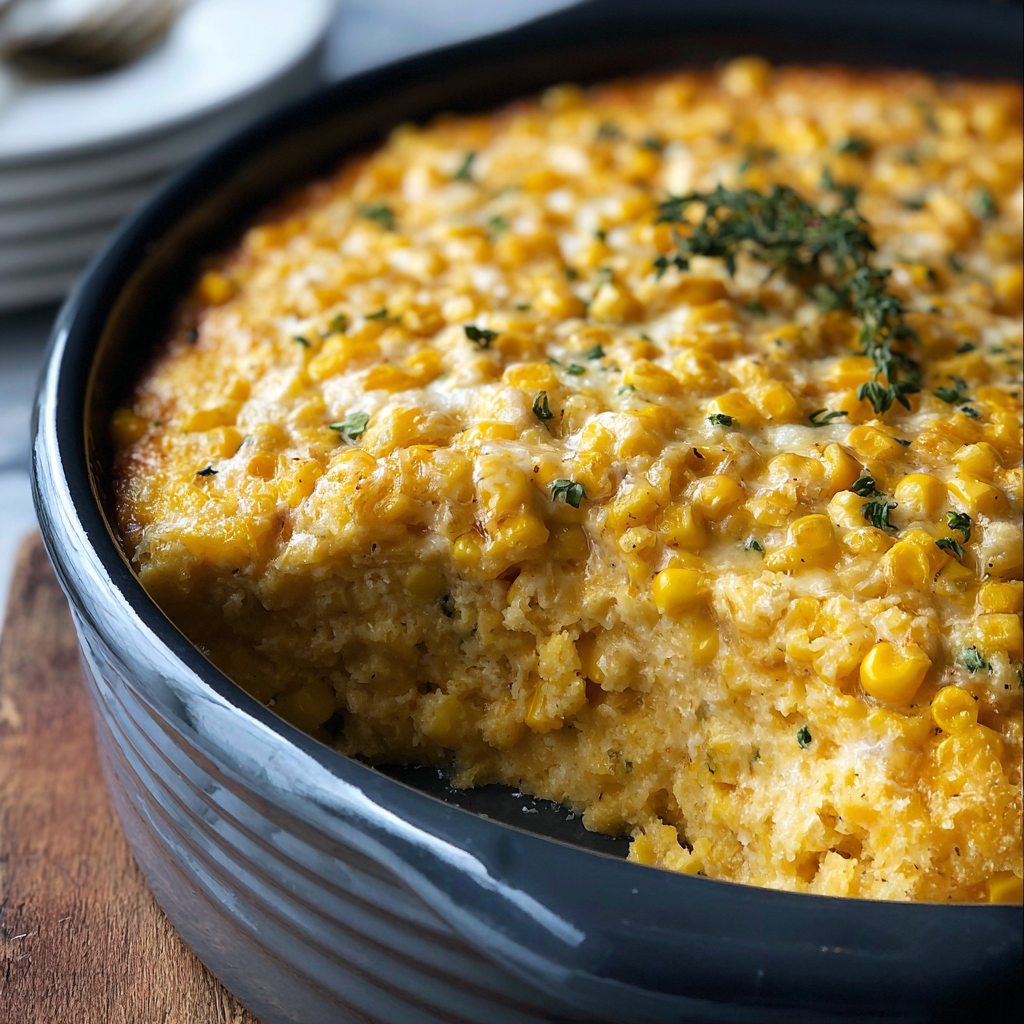 Creamy corn side dish ready to serve with garnish