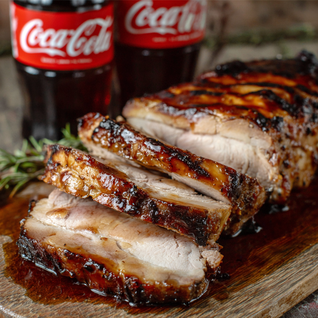 Sliced Coca-Cola glazed pork loin served on a platter