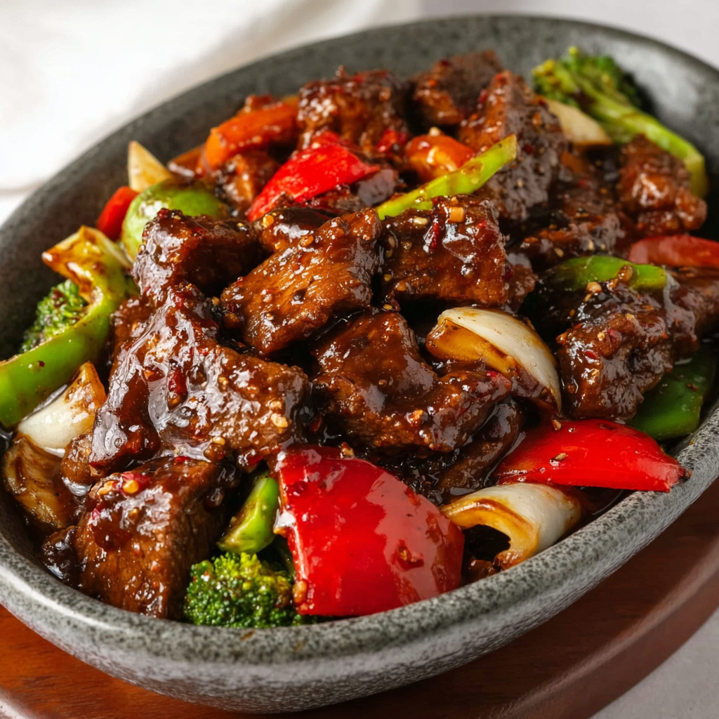 Sizzling black pepper beef in a wok with peppers and onions