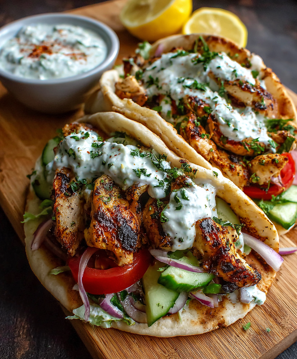 Assembled gyros with tzatziki and salad