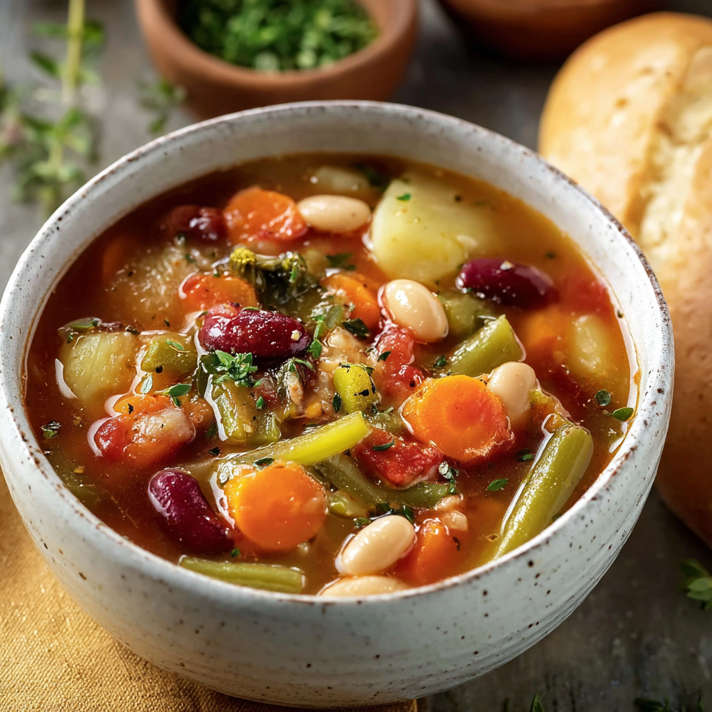 Bowl of minestrone soup in a rustic bowl