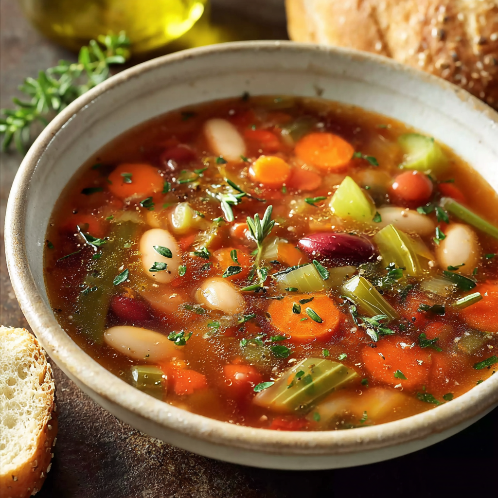 Ingredients for minestrone on a wooden surface