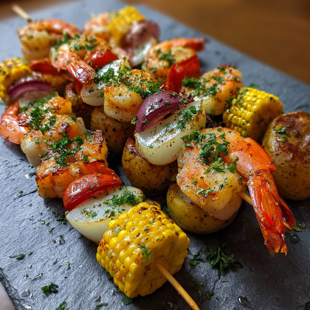 Close-up of scallops and shrimp on skewers