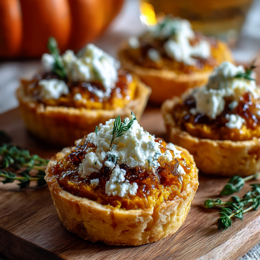 Close-up of pumpkin filling and crumbled goat cheese on square pastry
